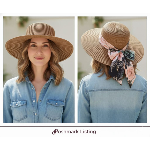 Unbranded Accessories - Straw Sun Hat One Brown Pink Floral Scarf